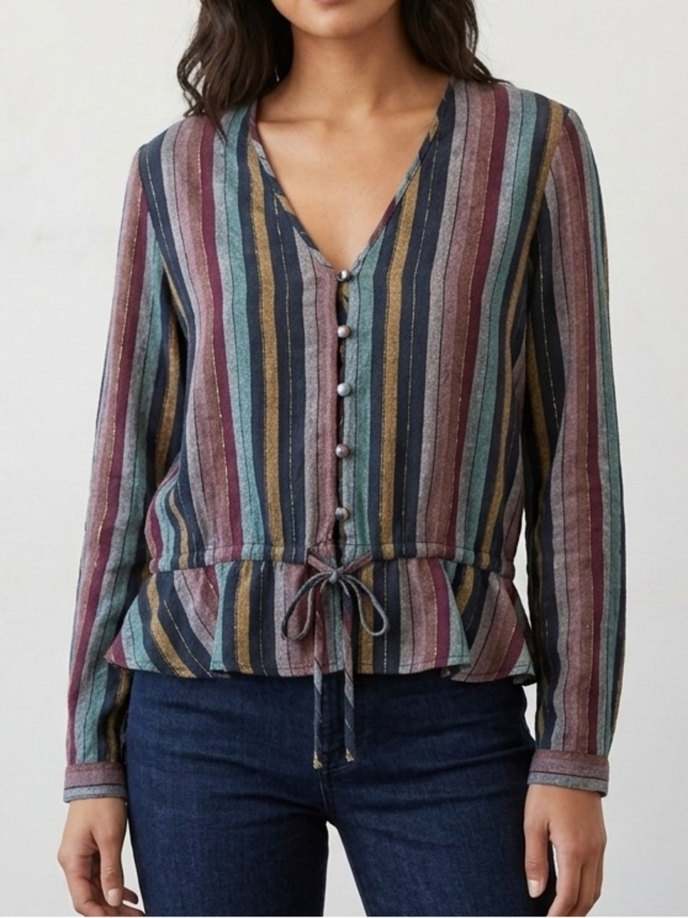 Rails Beaux Varadero Stripe Linen Blouse Size Medium Peplum Button Down
